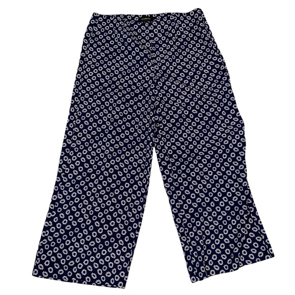 Talbots Wide Leg Navy Blue Trousers with White Floral Print 10 - Picture 1 of 5